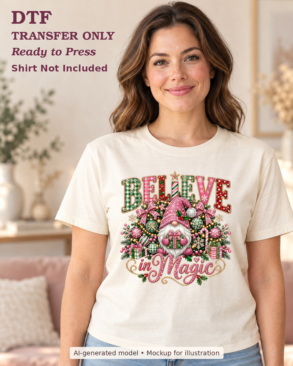 Adult model wearing a cream shirt showing Believe in Magic lettering with a Christmas gnome and pink-and-green decorations; DTF transfer only.