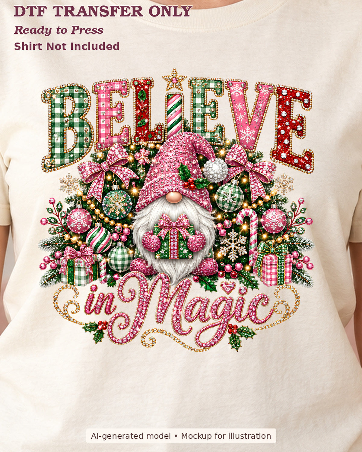 Close-up of Believe in Magic lettering with a Christmas gnome and pink-and-green decorations on a cream shirt; ready-to-press DTF transfer, shirt not included.