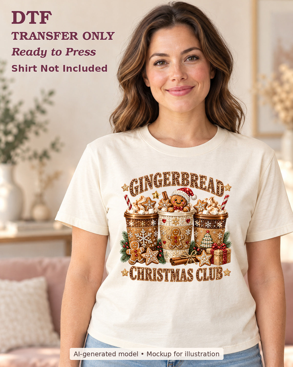 Adult model wearing a cream shirt showing Gingerbread Christmas Club lettering above and below decorated holiday drink cups; DTF transfer only.