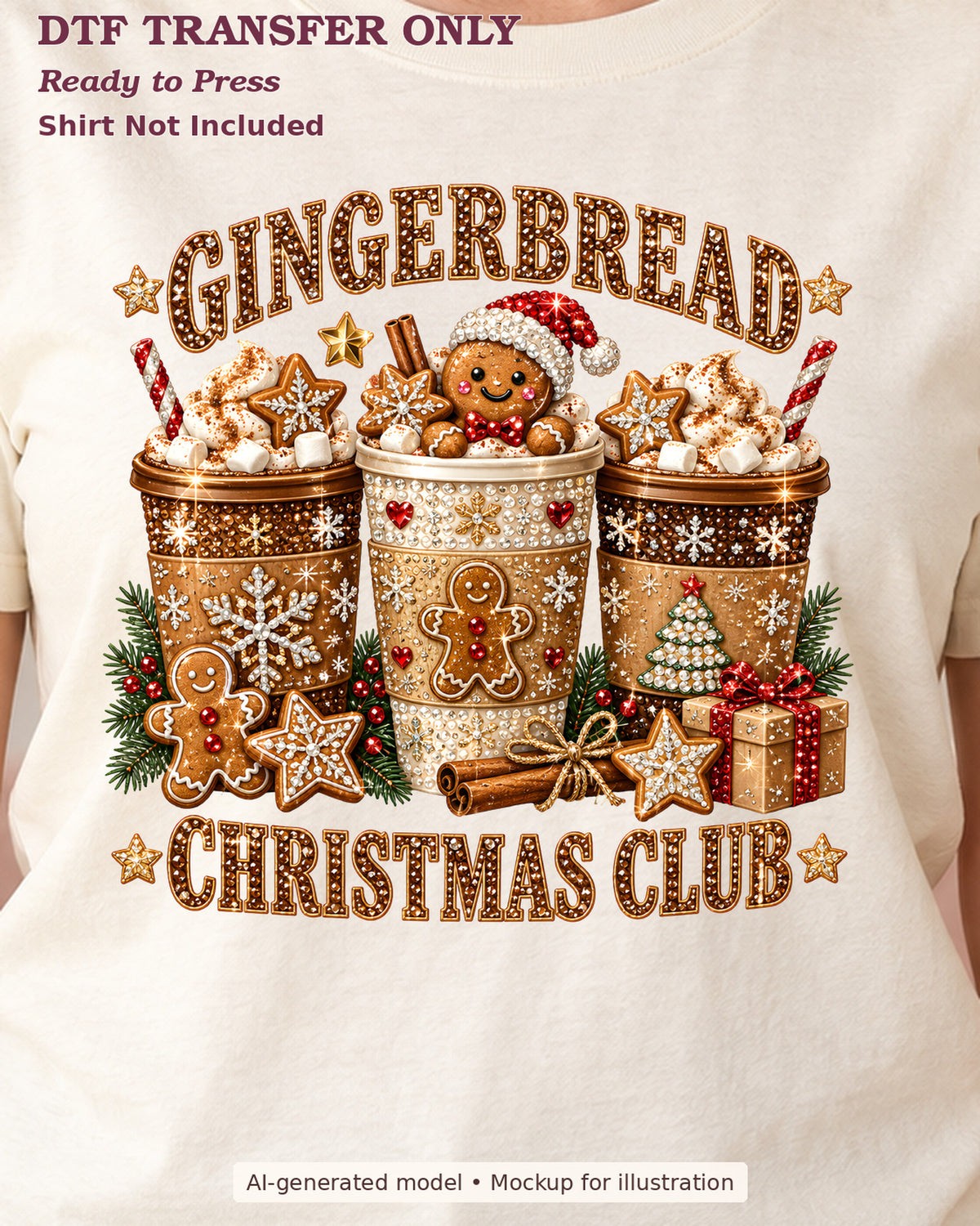Close-up of Gingerbread Christmas Club lettering above and below decorated holiday drink cups on a cream shirt; ready-to-press DTF transfer, shirt not included.