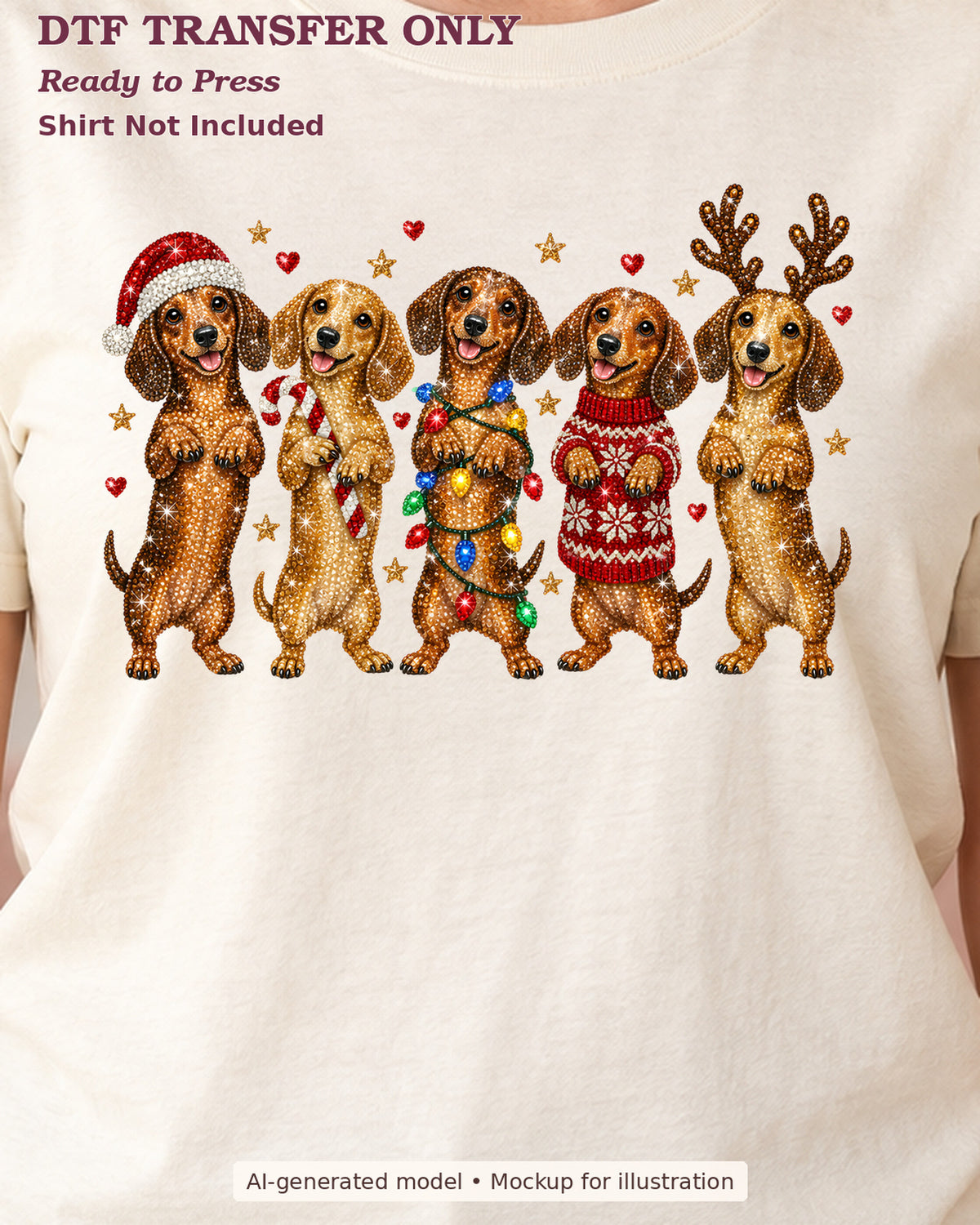 Close-up of a lineup of dachshunds wearing festive Christmas outfits and antlers on a cream shirt; ready-to-press DTF transfer, shirt not included.