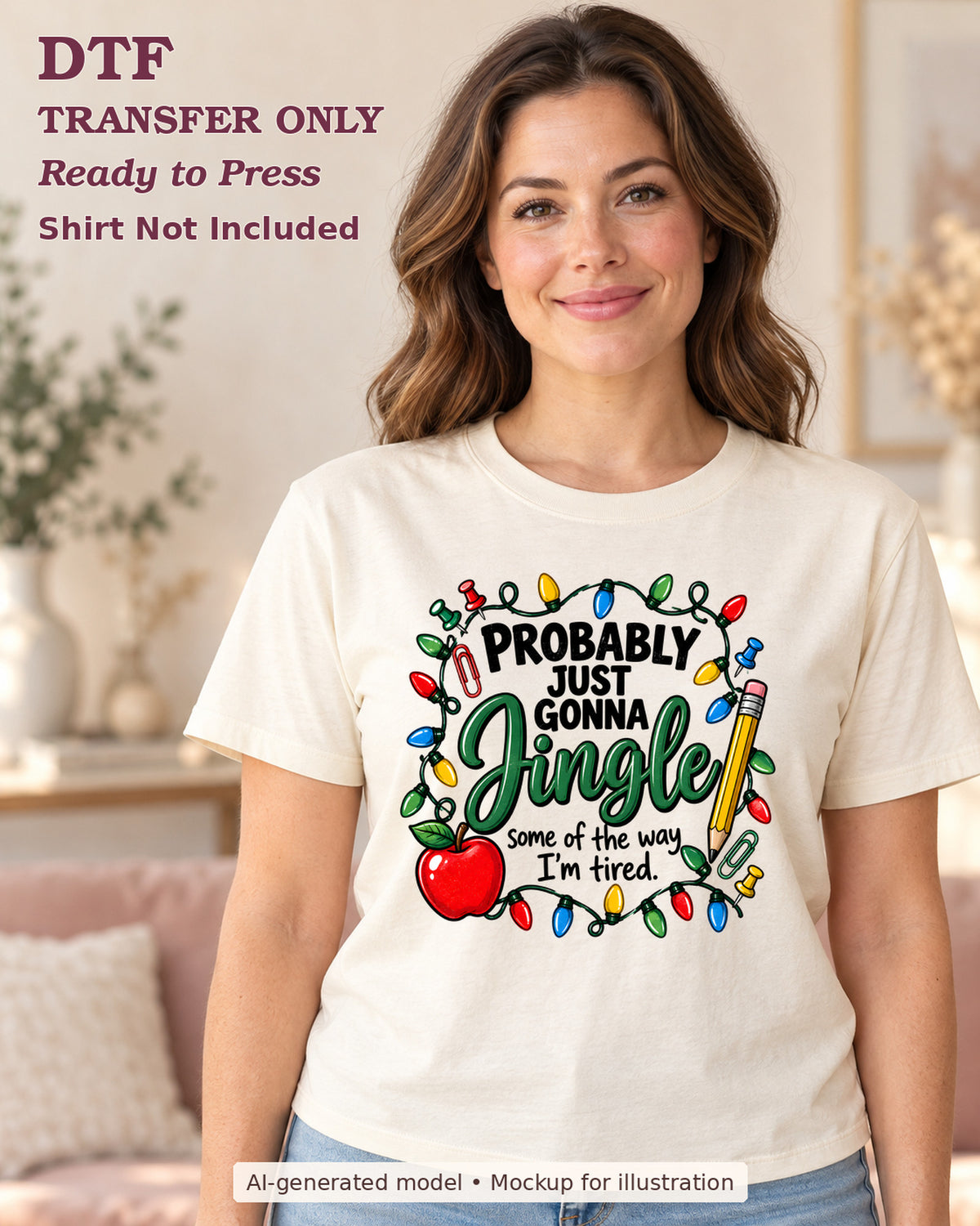 Adult model wearing a cream shirt showing Probably Just Gonna Jingle Some of the Way I'm Tired lettering with an apple, pencils and Christmas lights; DTF transfer only.