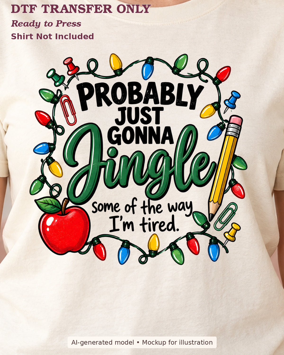 Close-up of Probably Just Gonna Jingle Some of the Way I'm Tired lettering with an apple, pencils and Christmas lights on a cream shirt; ready-to-press DTF transfer, shirt not included.
