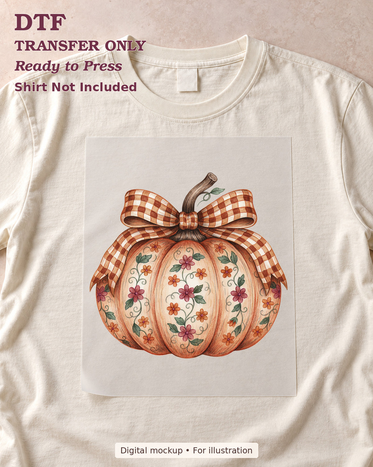 Cream pumpkin with floral panels and an orange gingham bow, shown as a transfer sheet on a cream shirt; shirt not included.