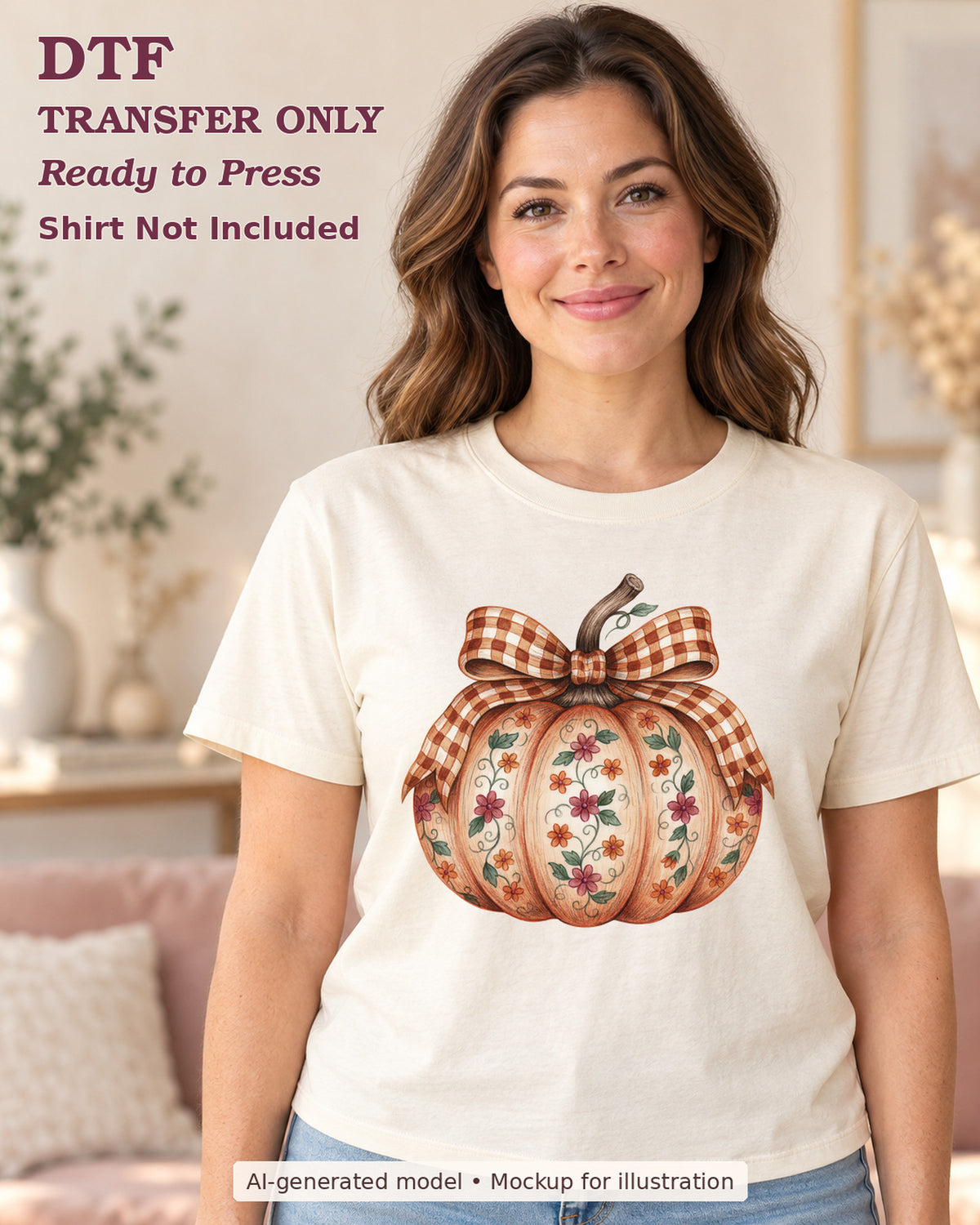 AI-model mockup wearing a cream shirt with cream pumpkin with floral panels and an orange gingham bow; DTF transfer only, shirt not included.