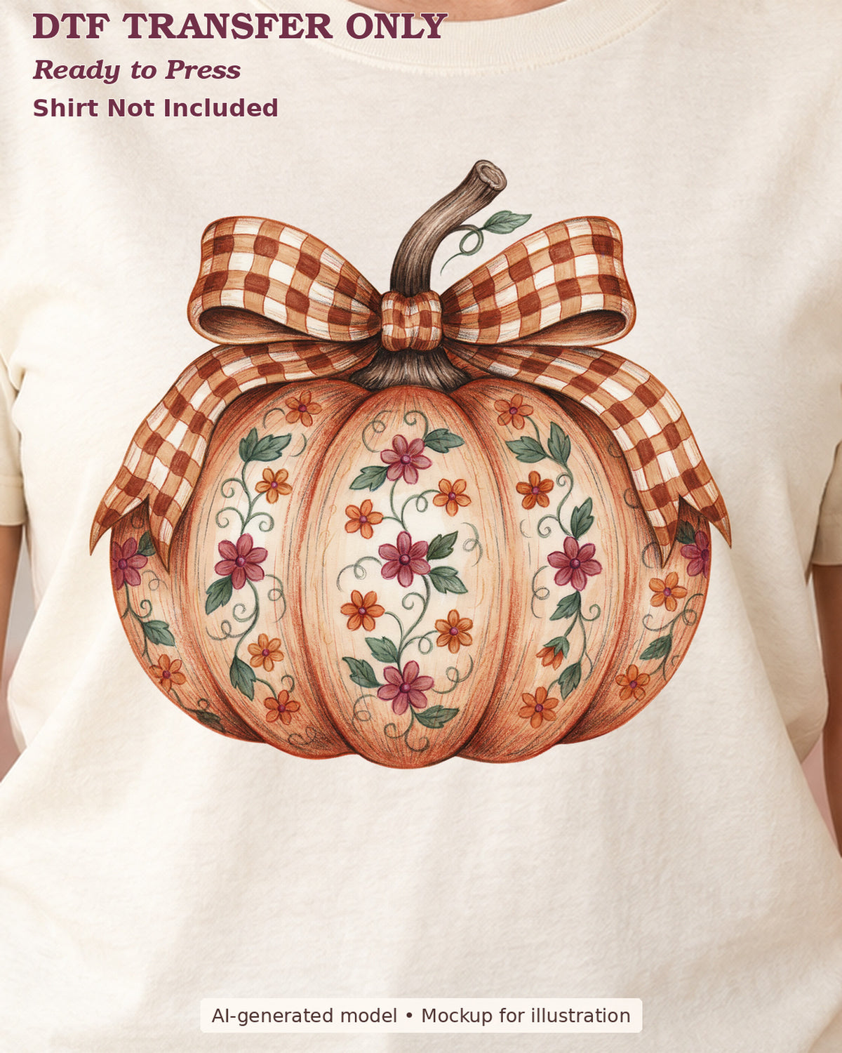 Close-up of cream pumpkin with floral panels and an orange gingham bow on a cream shirt; DTF transfer only, shirt not included.