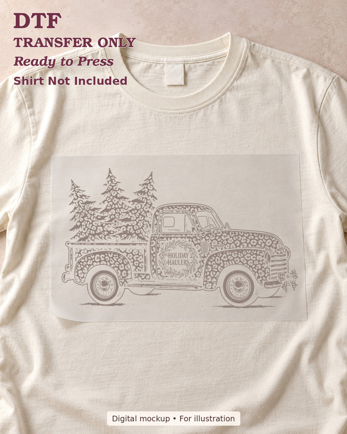 Neutral leopard-pattern vintage truck carrying christmas trees, shown as a transfer sheet on a cream shirt; shirt not included.