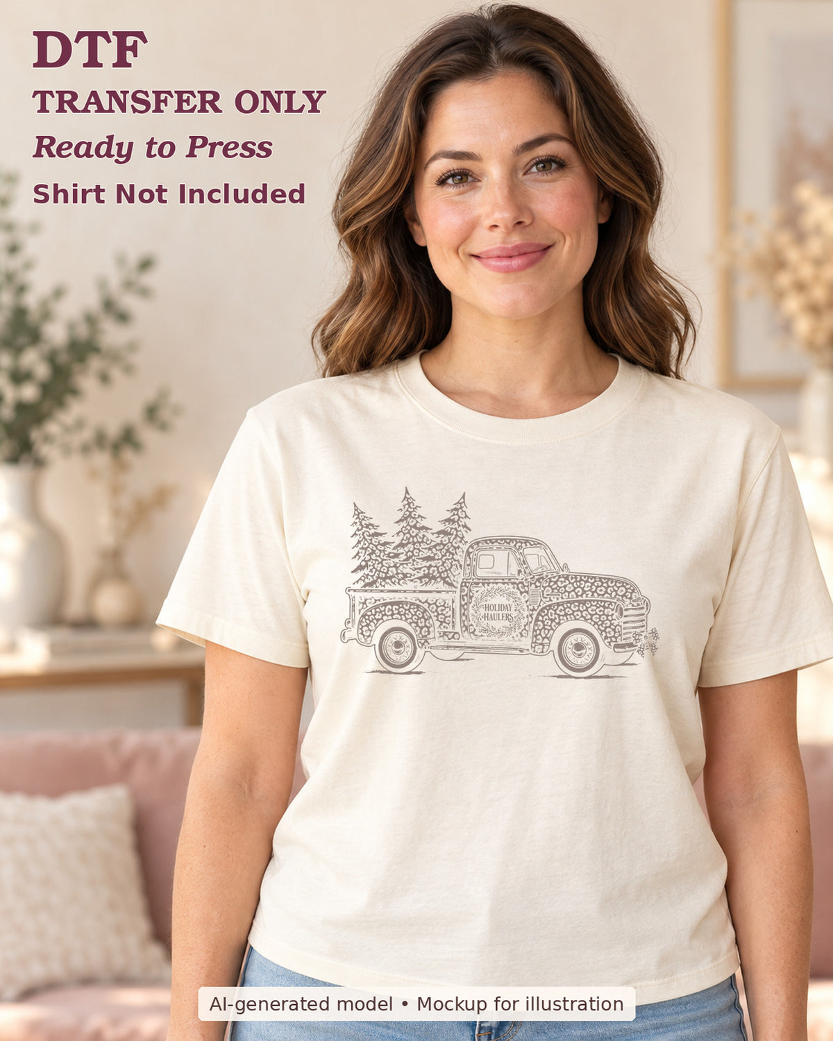 AI-model mockup wearing a cream shirt with neutral leopard-pattern vintage truck carrying Christmas trees; DTF transfer only, shirt not included.