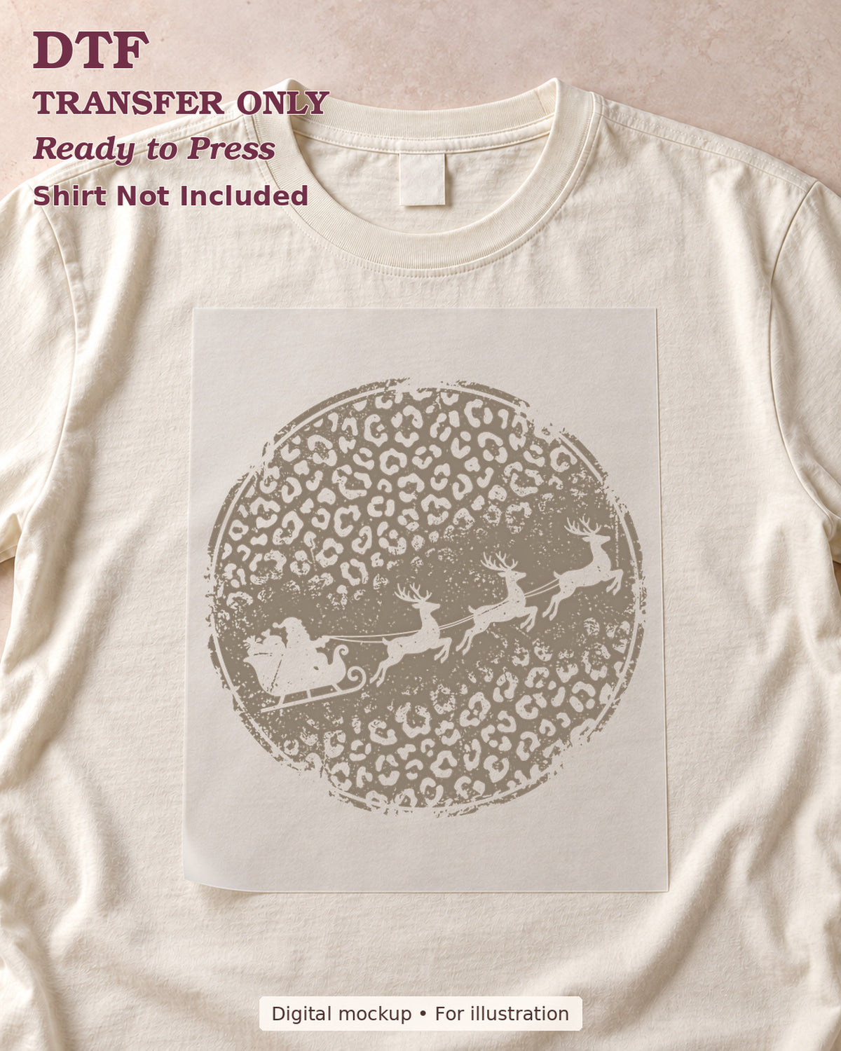 Santa sleigh and flying reindeer silhouette across a neutral leopard circle, shown as a transfer sheet on a cream shirt; shirt not included.