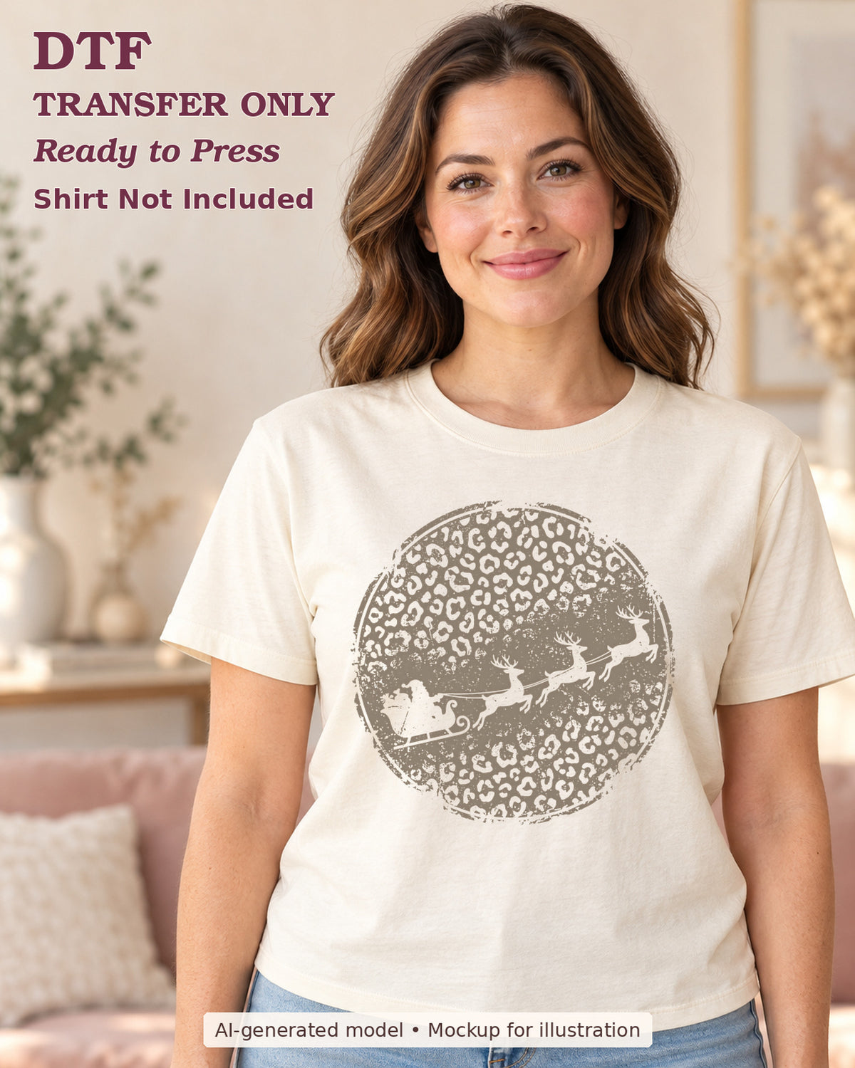 AI-model mockup wearing a cream shirt with Santa sleigh and flying reindeer silhouette across a neutral leopard circle; DTF transfer only, shirt not included.