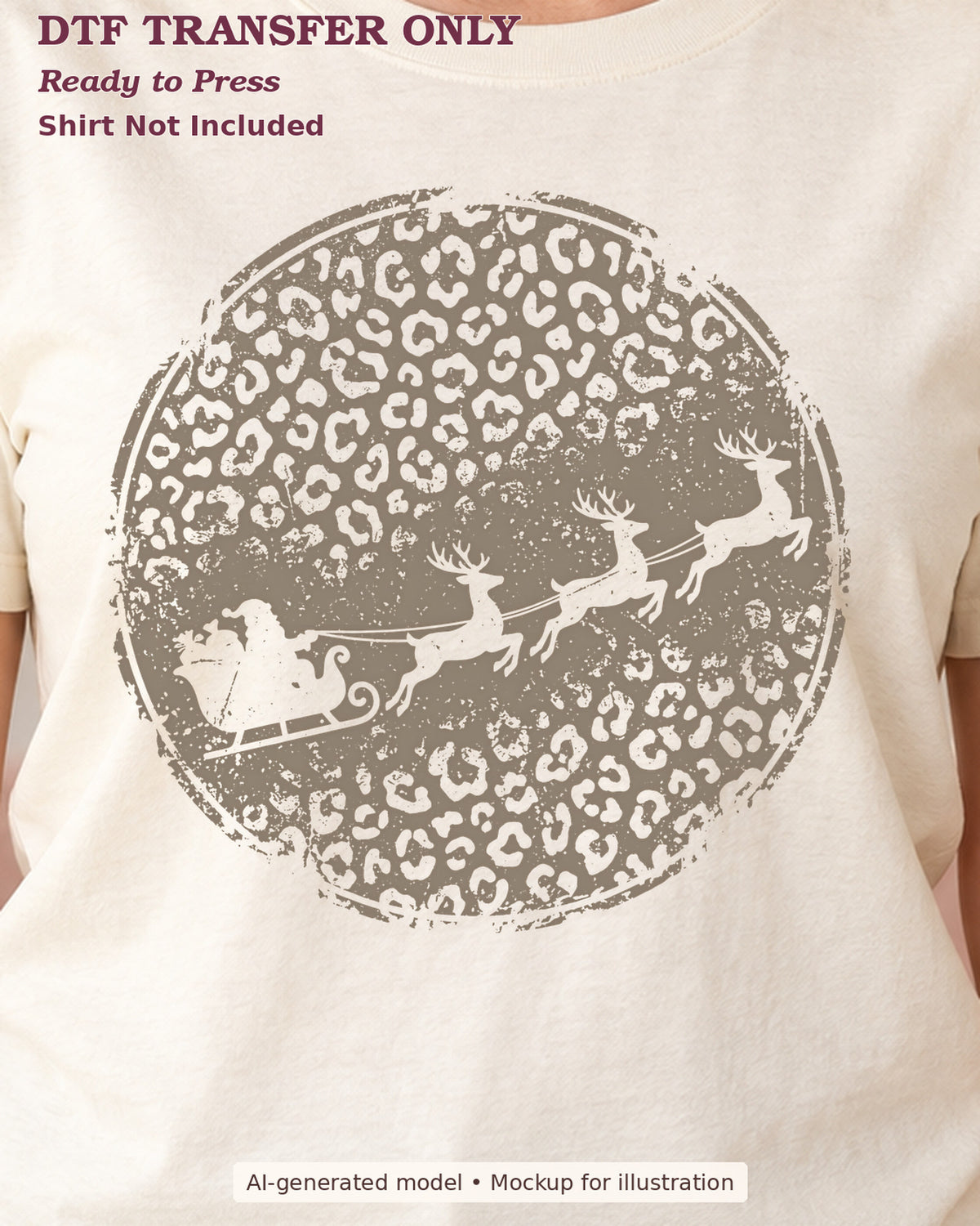 Close-up of Santa sleigh and flying reindeer silhouette across a neutral leopard circle on a cream shirt; DTF transfer only, shirt not included.