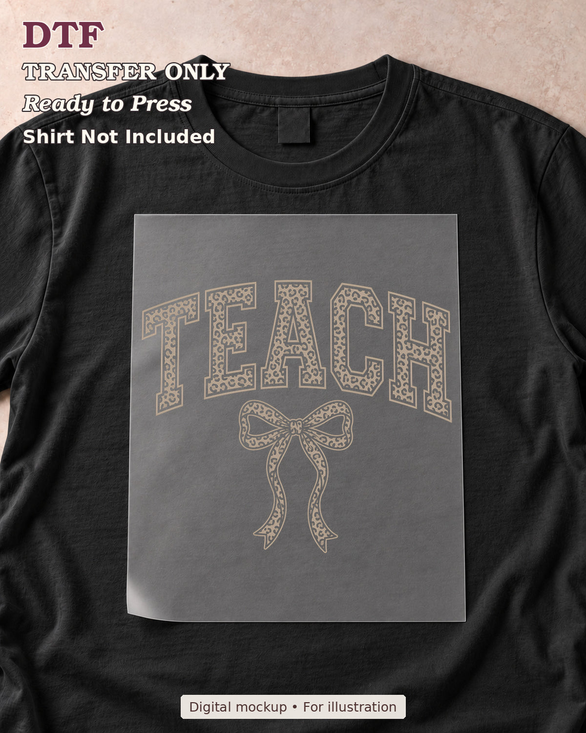 Leopard-pattern teach collegiate lettering and ribbon bow, shown as a transfer sheet on a black shirt; shirt not included.