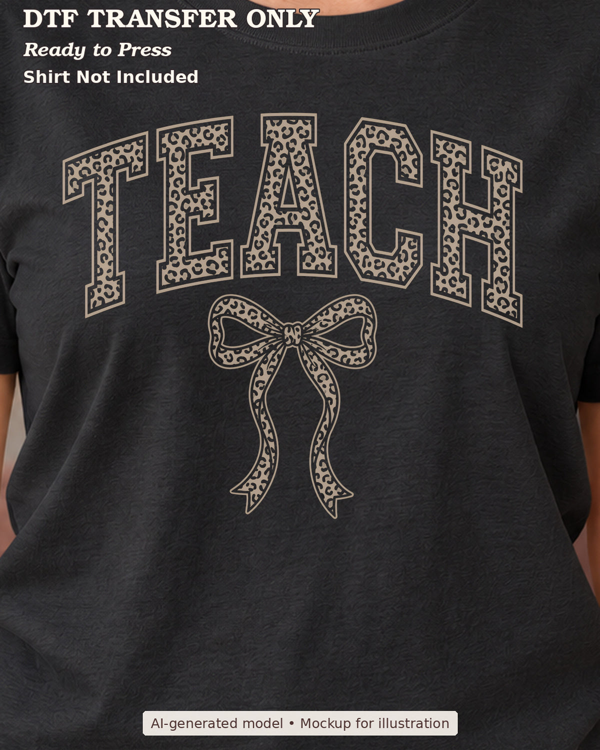 Close-up of leopard-pattern Teach collegiate lettering and ribbon bow on a black shirt; DTF transfer only, shirt not included.