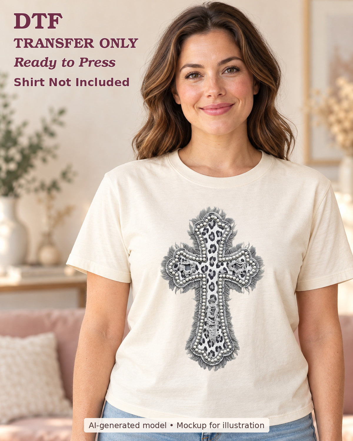 AI-model mockup wearing a cream shirt with ornate gray and black leopard-pattern cross with layered decorative edging; DTF transfer only, shirt not included.