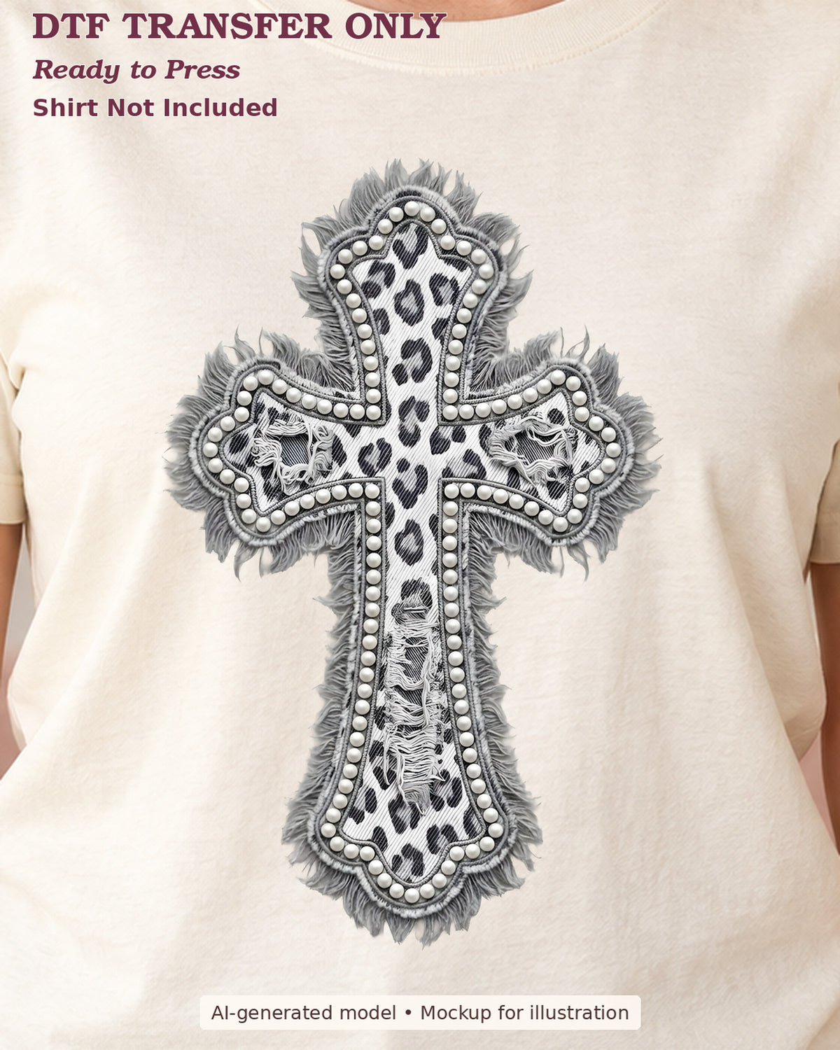 Close-up of ornate gray and black leopard-pattern cross with layered decorative edging on a cream shirt; DTF transfer only, shirt not included.