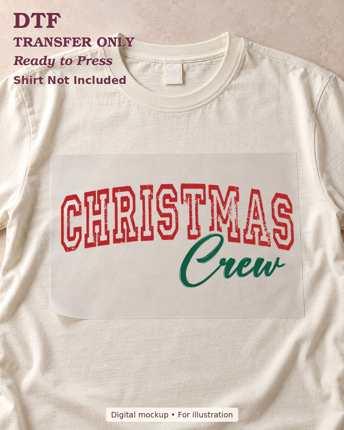 Red outlined christmas lettering with green crew script, shown as a transfer sheet on a cream shirt; shirt not included.