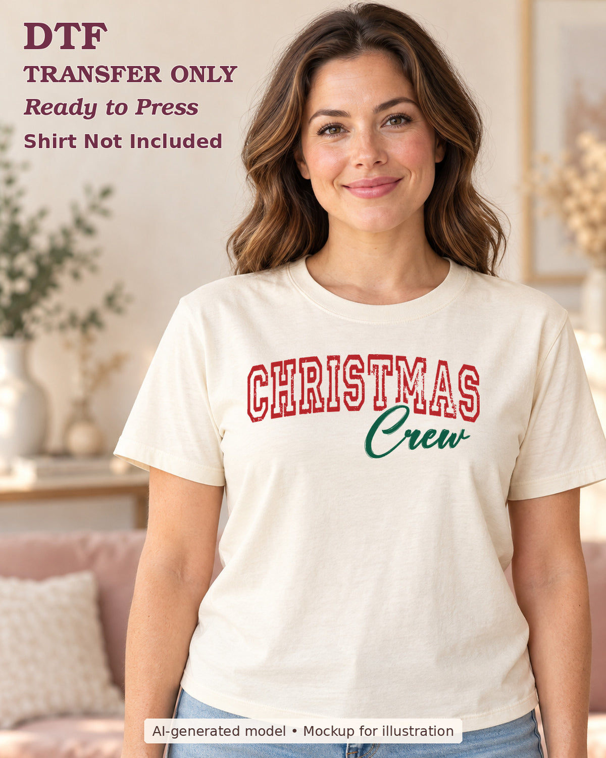 AI-model mockup wearing a cream shirt with red outlined Christmas lettering with green Crew script; DTF transfer only, shirt not included.