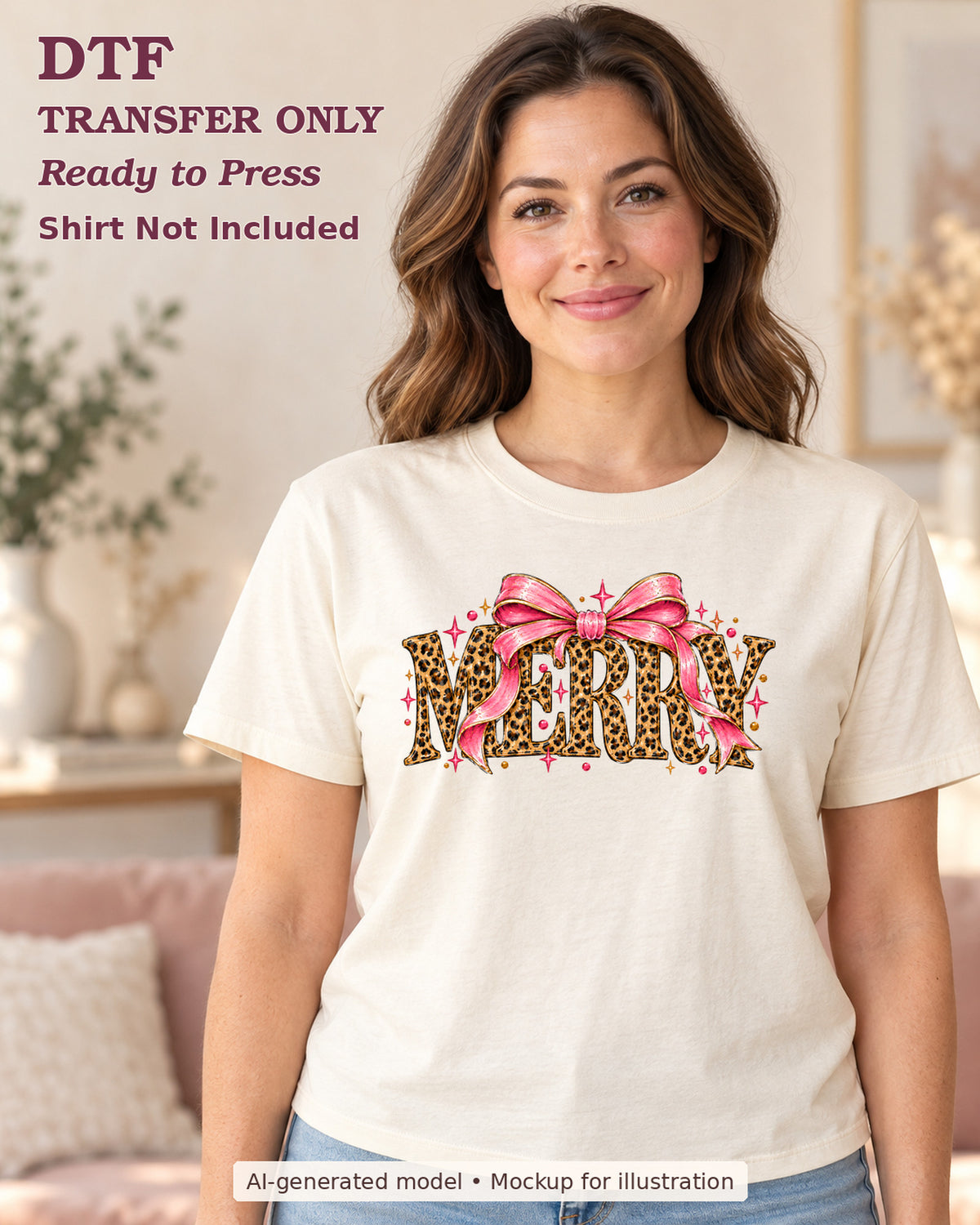 AI-model mockup wearing a cream shirt with leopard-pattern Merry lettering with a large pink bow and festive greenery; DTF transfer only, shirt not included.