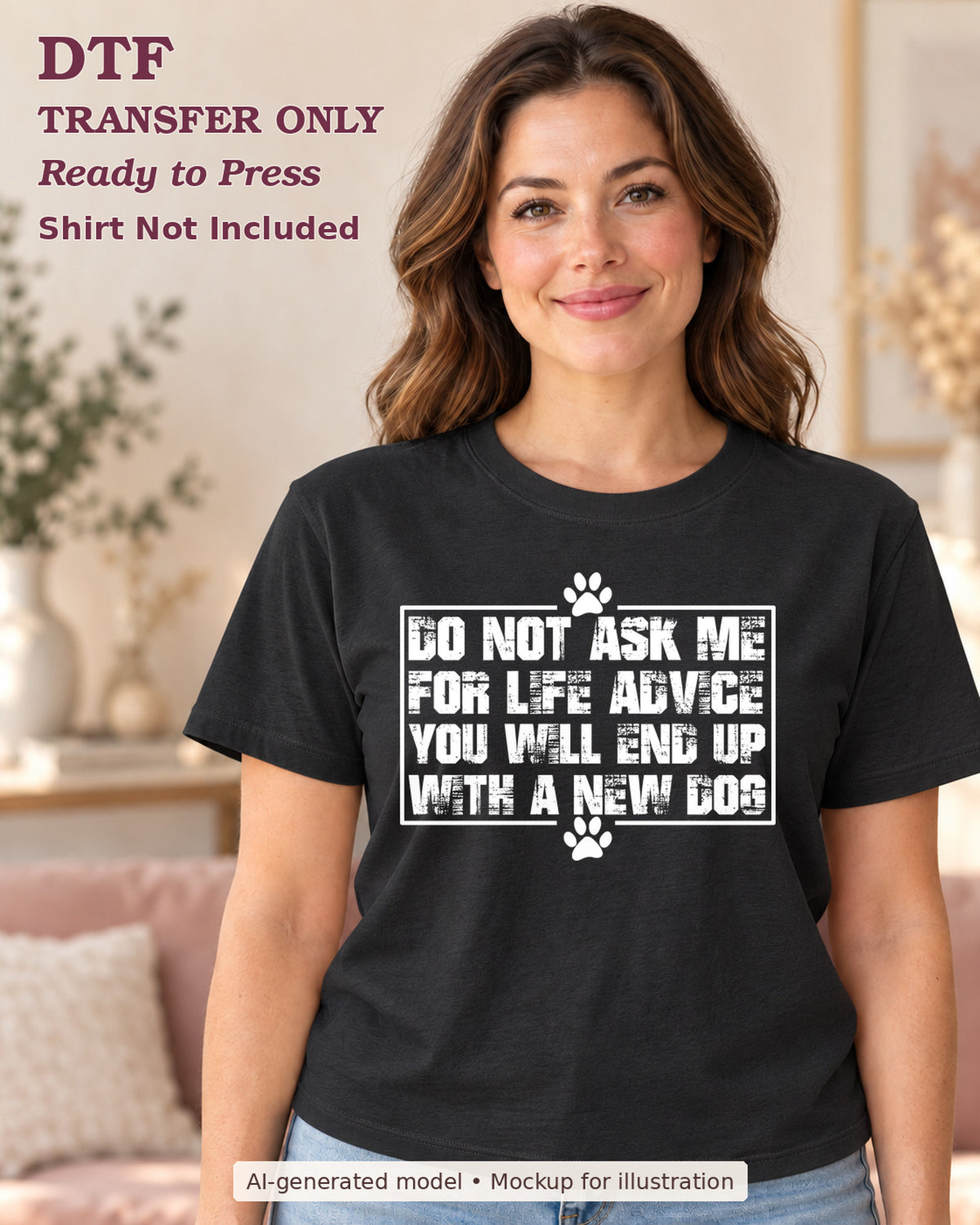 AI-model mockup wearing a black shirt with Do Not Ask Me For Life Advice You Will End Up With A New Dog lettering with paw prints; DTF transfer only, shirt not included.
