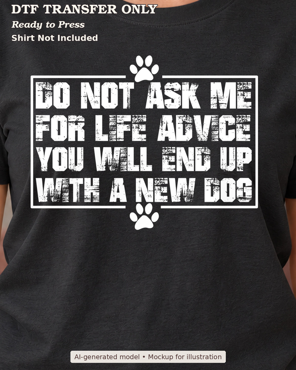 Close-up of Do Not Ask Me For Life Advice You Will End Up With A New Dog lettering with paw prints on a black shirt; DTF transfer only, shirt not included.