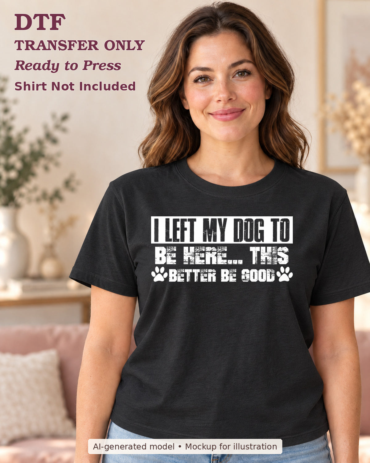 AI-model mockup wearing a black shirt with I Left My Dog To Be Here This Better Be Good lettering with paw prints; DTF transfer only, shirt not included.