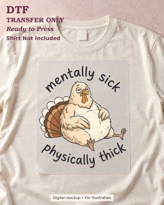 Round seated chicken with mentally sick physically thick lettering, shown as a transfer sheet on a cream shirt; shirt not included.