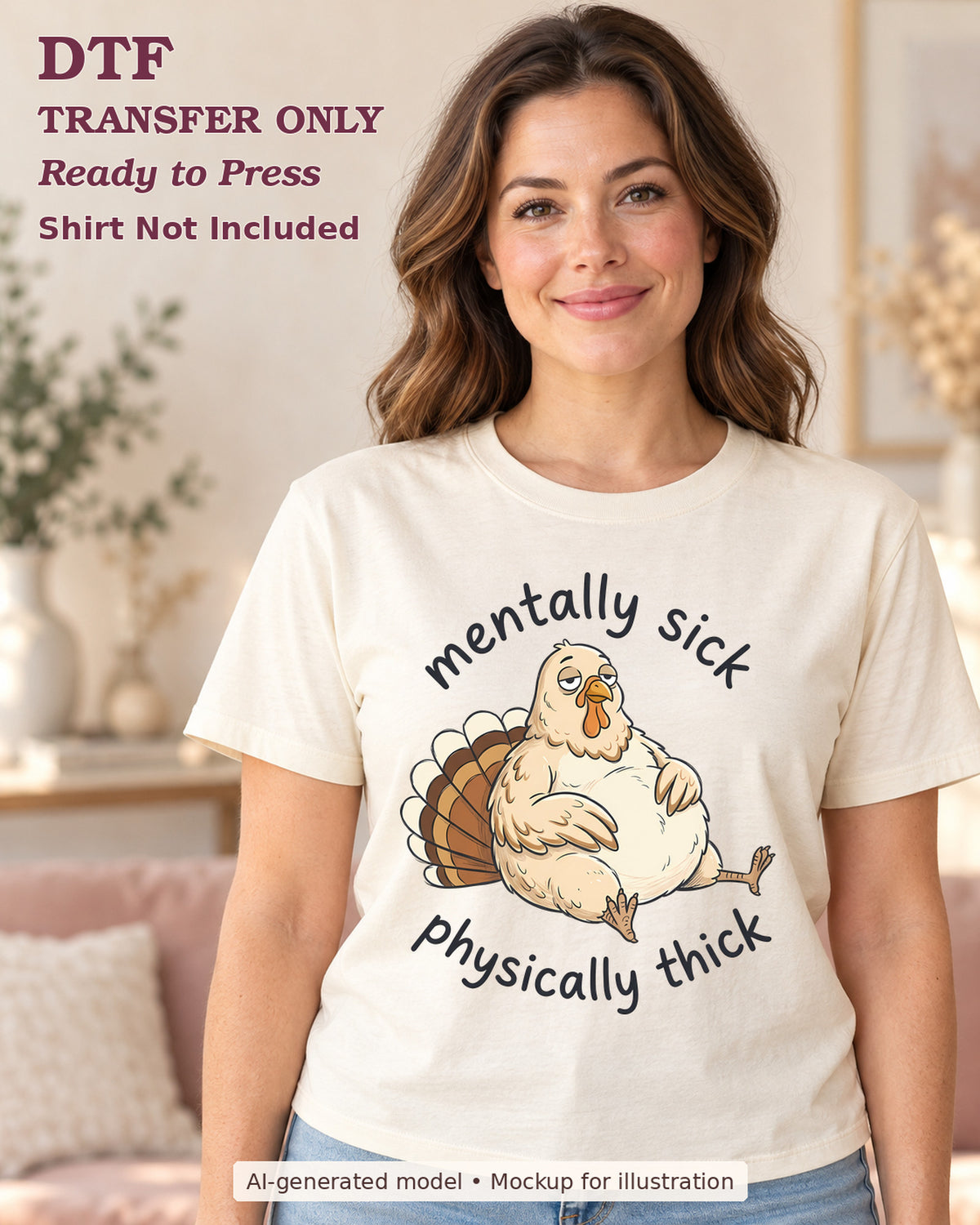 AI-model mockup wearing a cream shirt with round seated chicken with Mentally Sick Physically Thick lettering; DTF transfer only, shirt not included.