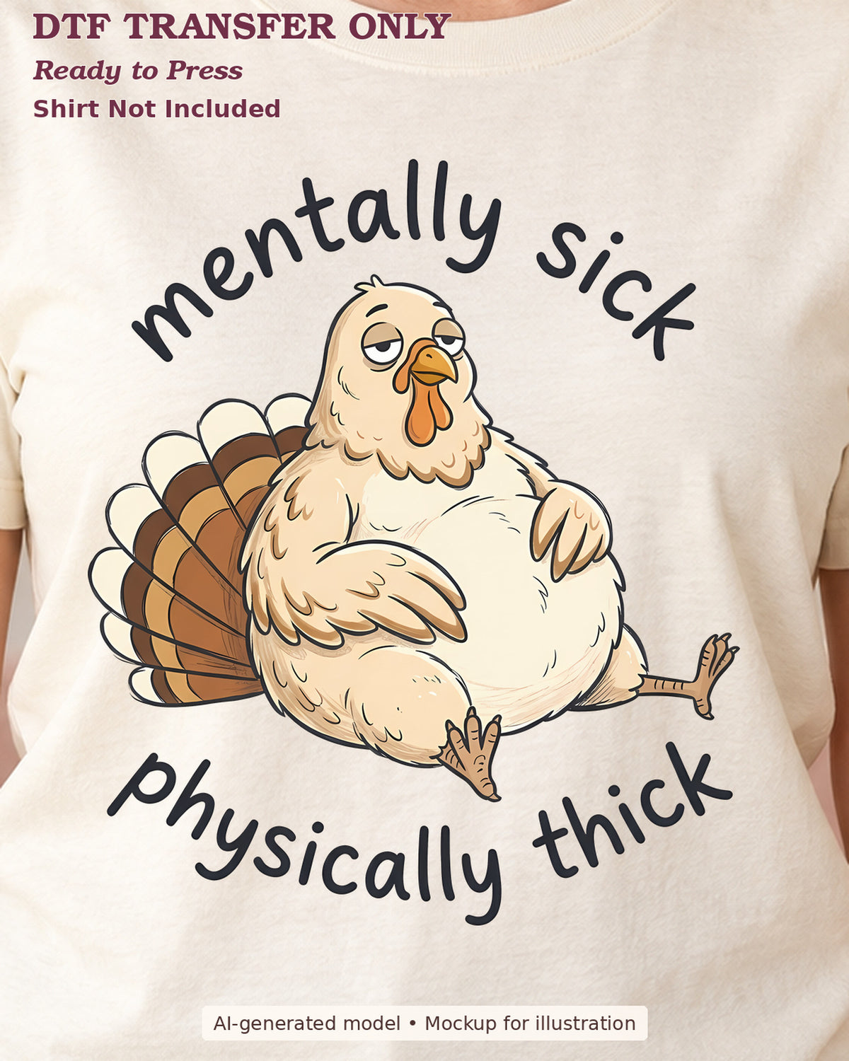 Close-up of round seated chicken with Mentally Sick Physically Thick lettering on a cream shirt; DTF transfer only, shirt not included.