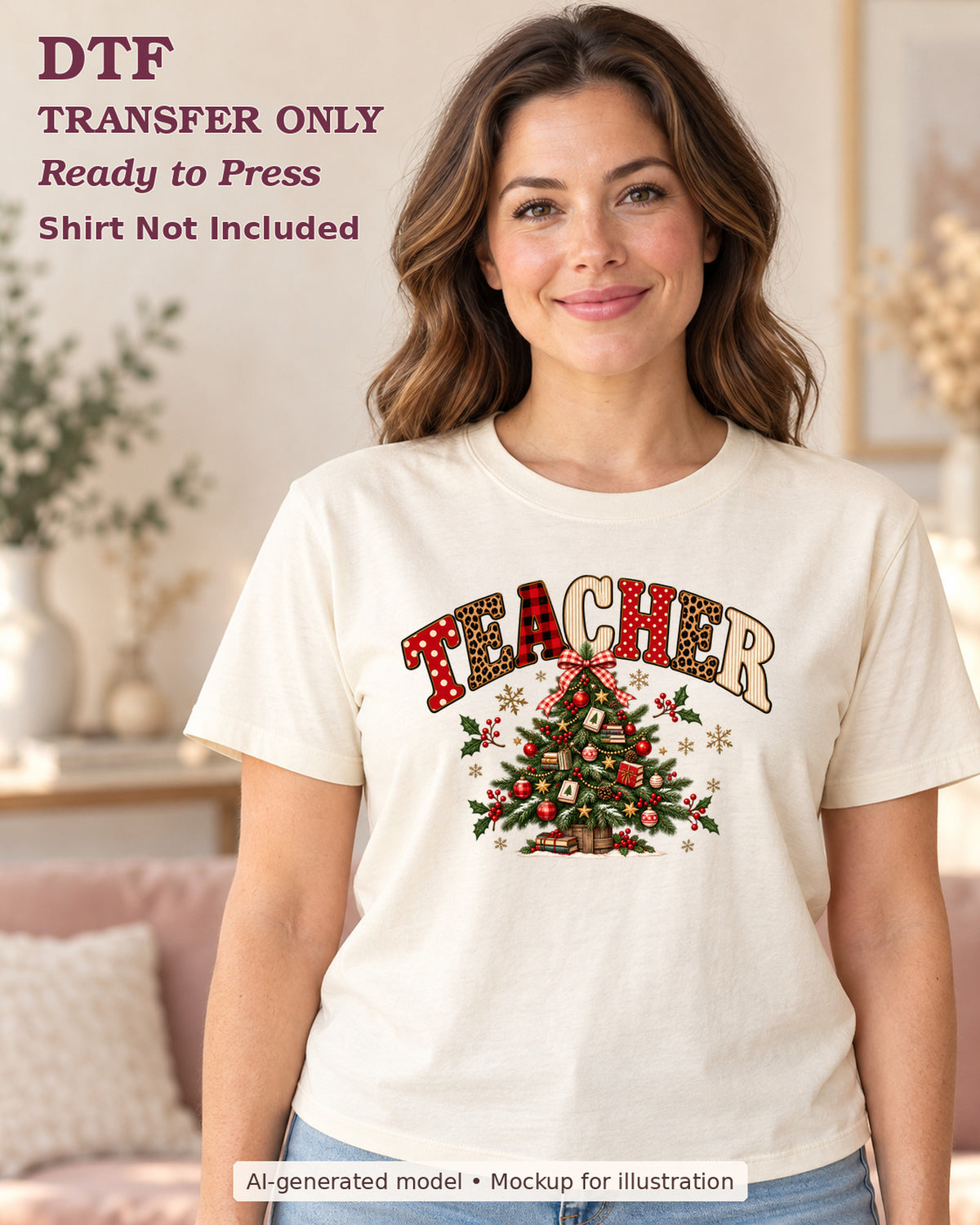 AI-model mockup wearing a cream shirt with patterned Teacher lettering above a decorated Christmas tree with a bow; DTF transfer only, shirt not included.