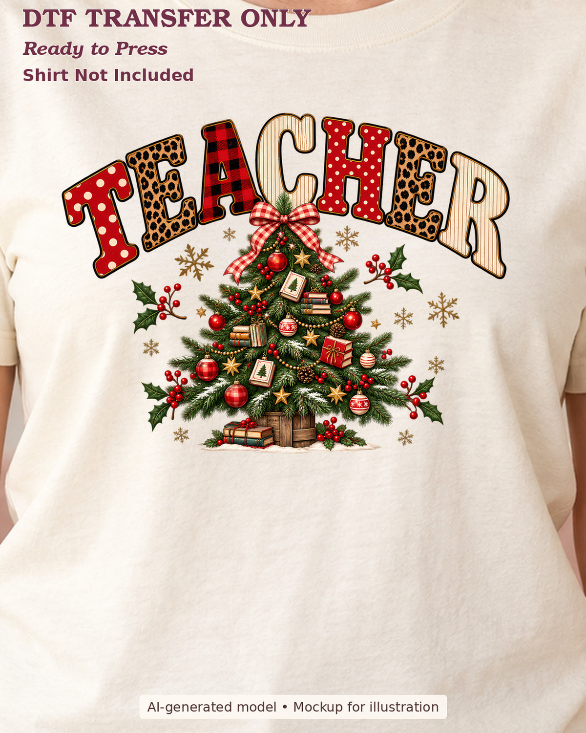 Close-up of patterned Teacher lettering above a decorated Christmas tree with a bow on a cream shirt; DTF transfer only, shirt not included.