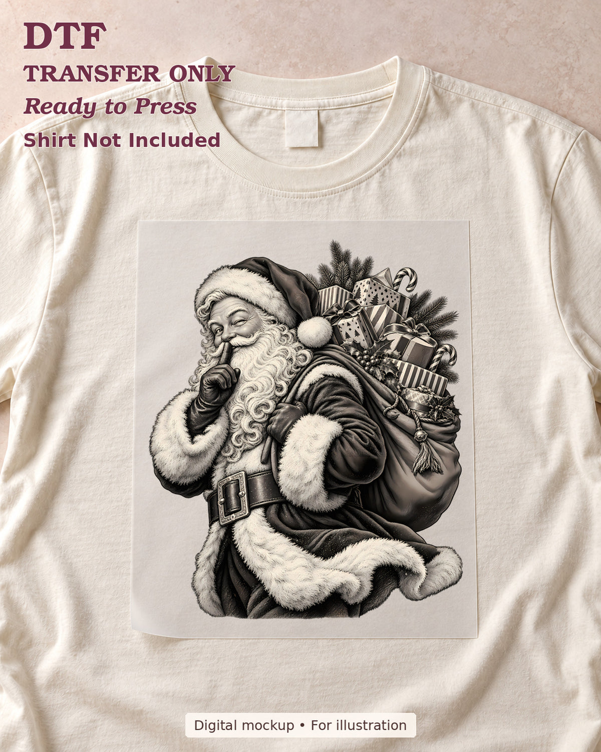 Monochrome Santa carrying a gift sack, shown as a transfer sheet on a cream shirt; shirt not included.