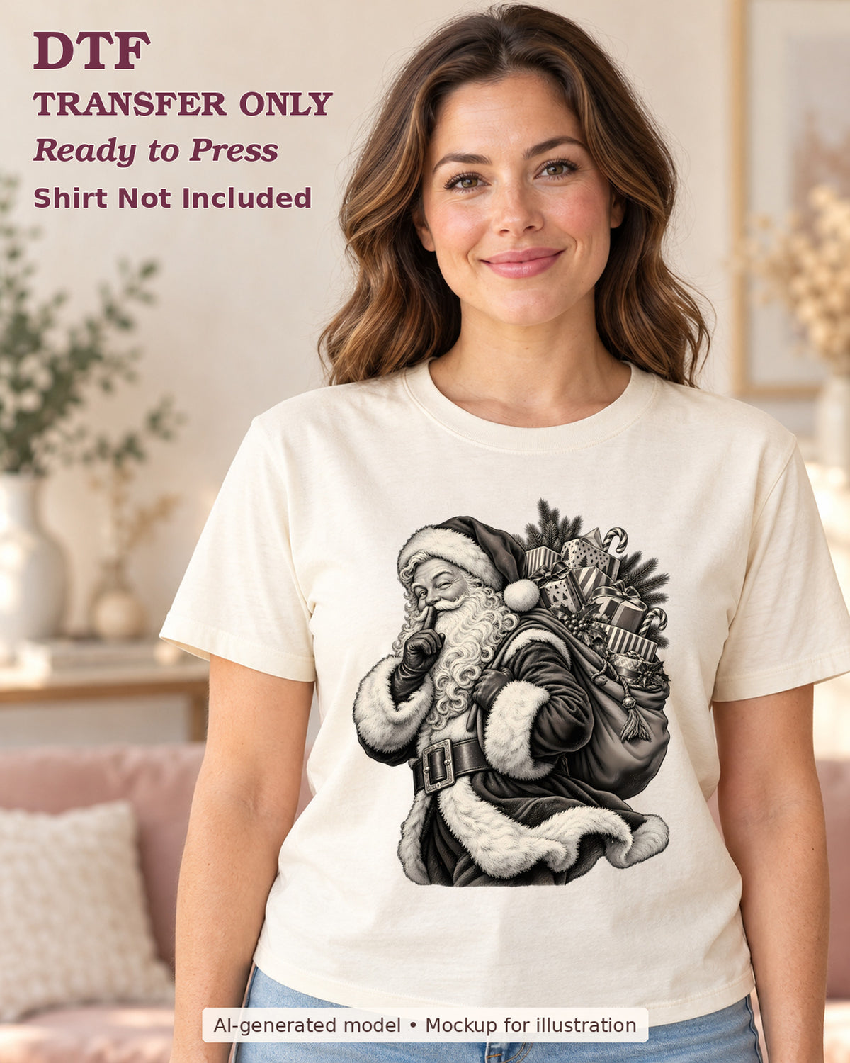 AI-model mockup wearing a cream shirt with monochrome santa carrying a gift sack; DTF transfer only.