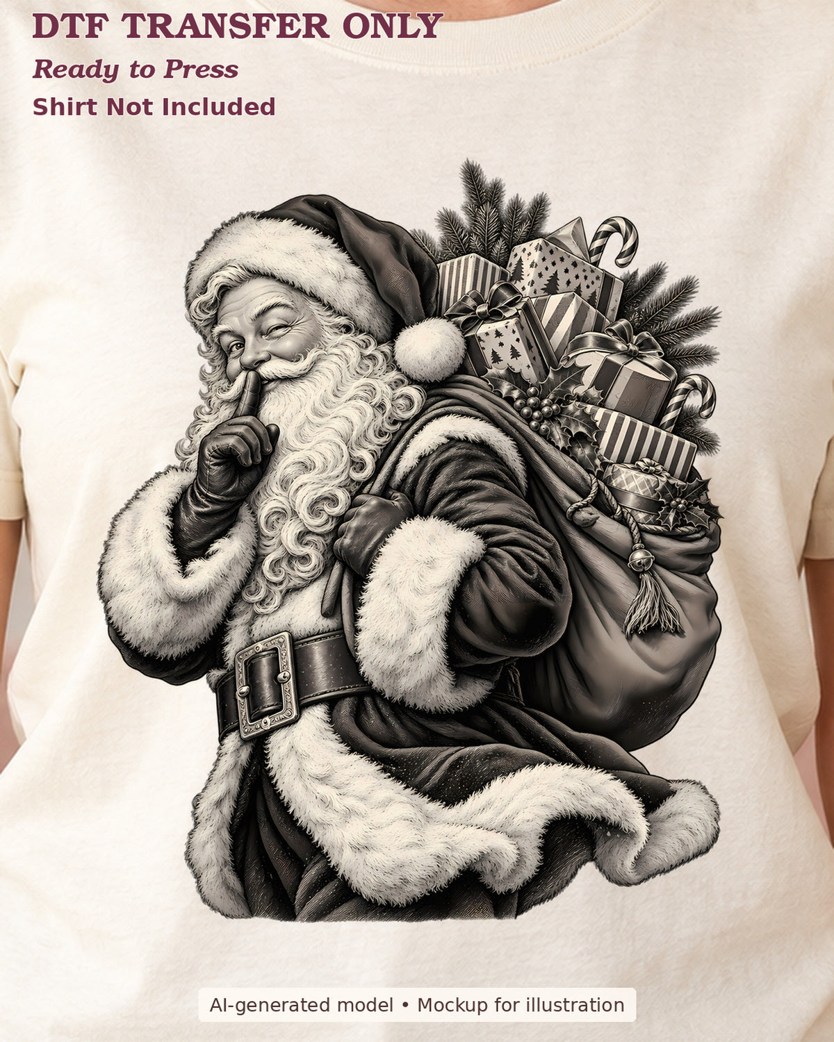 Close-up cream shirt mockup of monochrome santa carrying a gift sack; shirt not included.