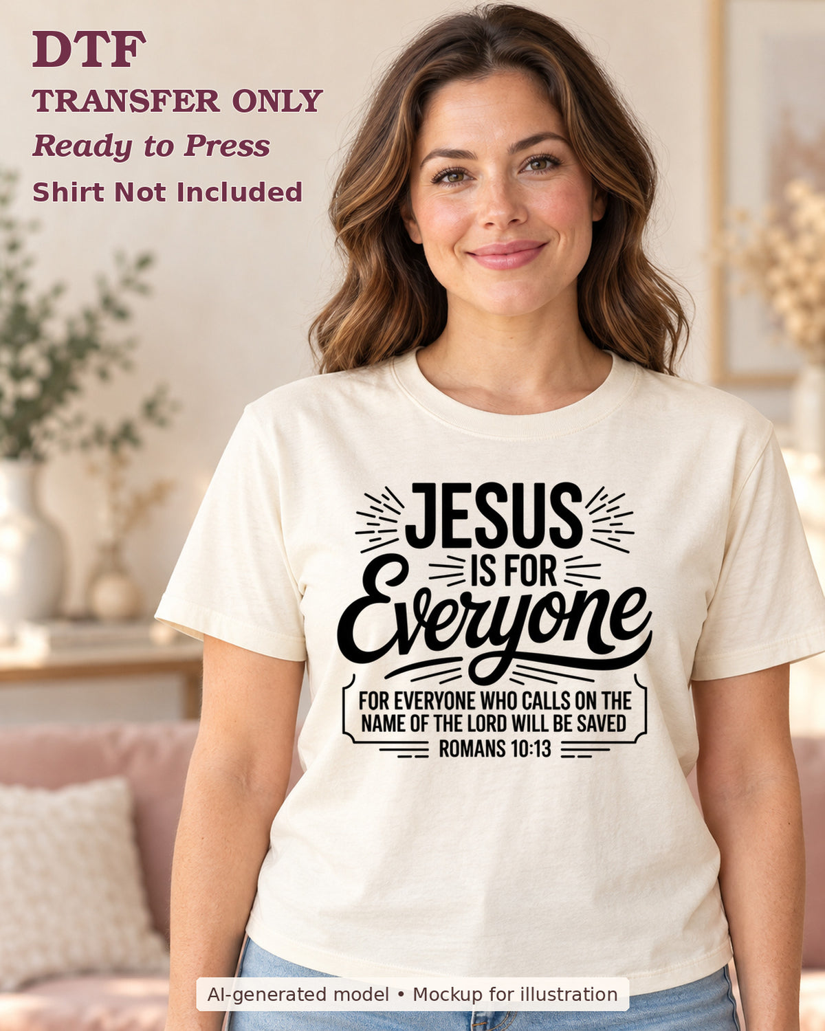 AI-model mockup wearing a cream shirt with jesus is for everyone with romans 10:13 lettering; DTF transfer only.