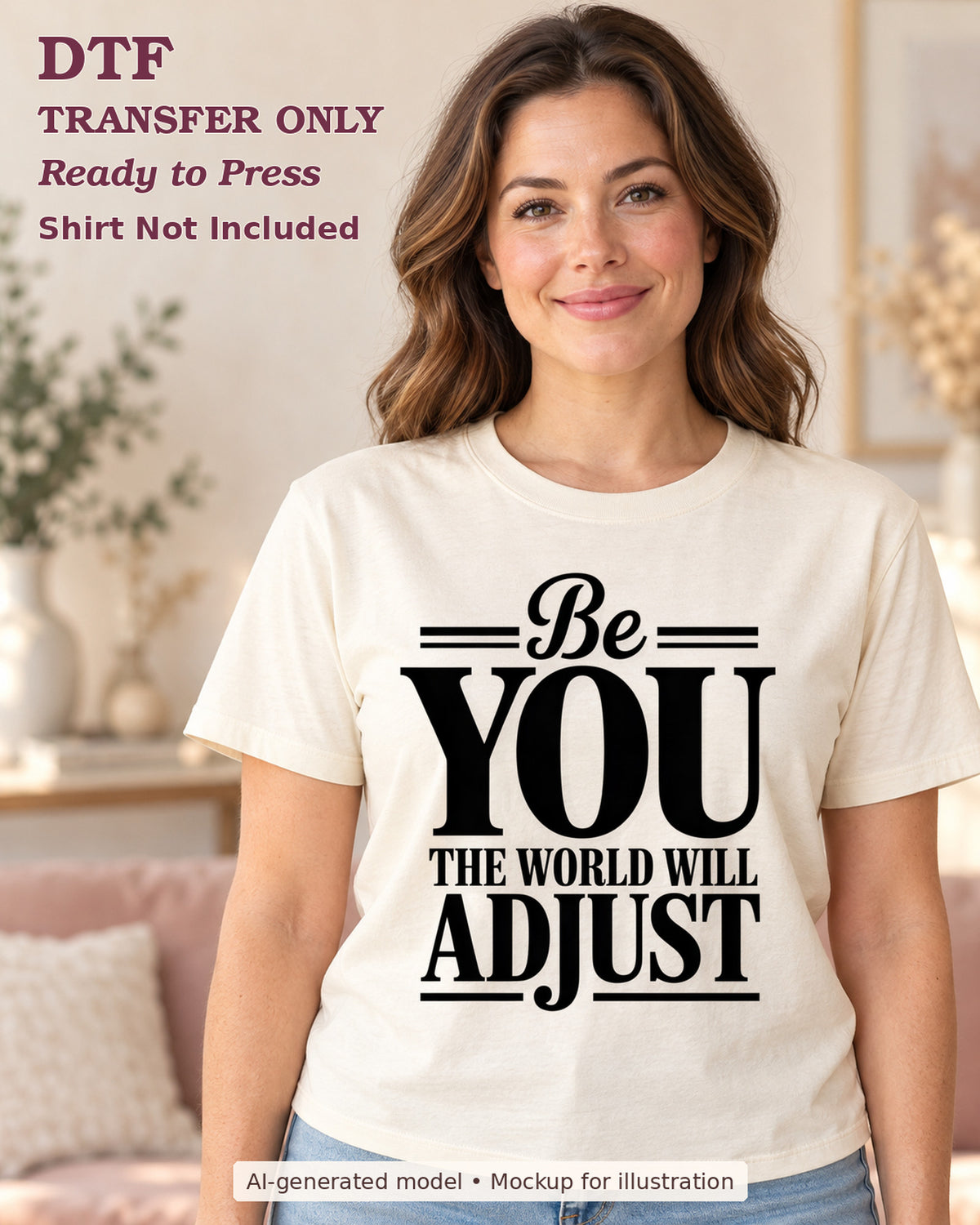 AI-model mockup wearing a cream shirt with be you the world will adjust black typography; DTF transfer only.