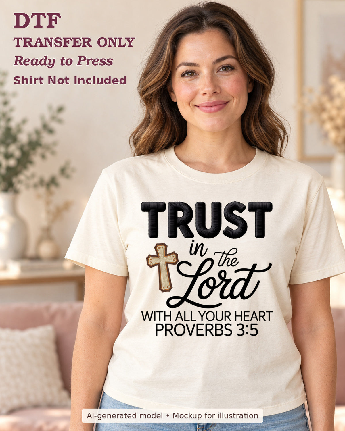 AI-model mockup wearing a cream shirt with trust in the lord with cross and proverbs 3:5; DTF transfer only.