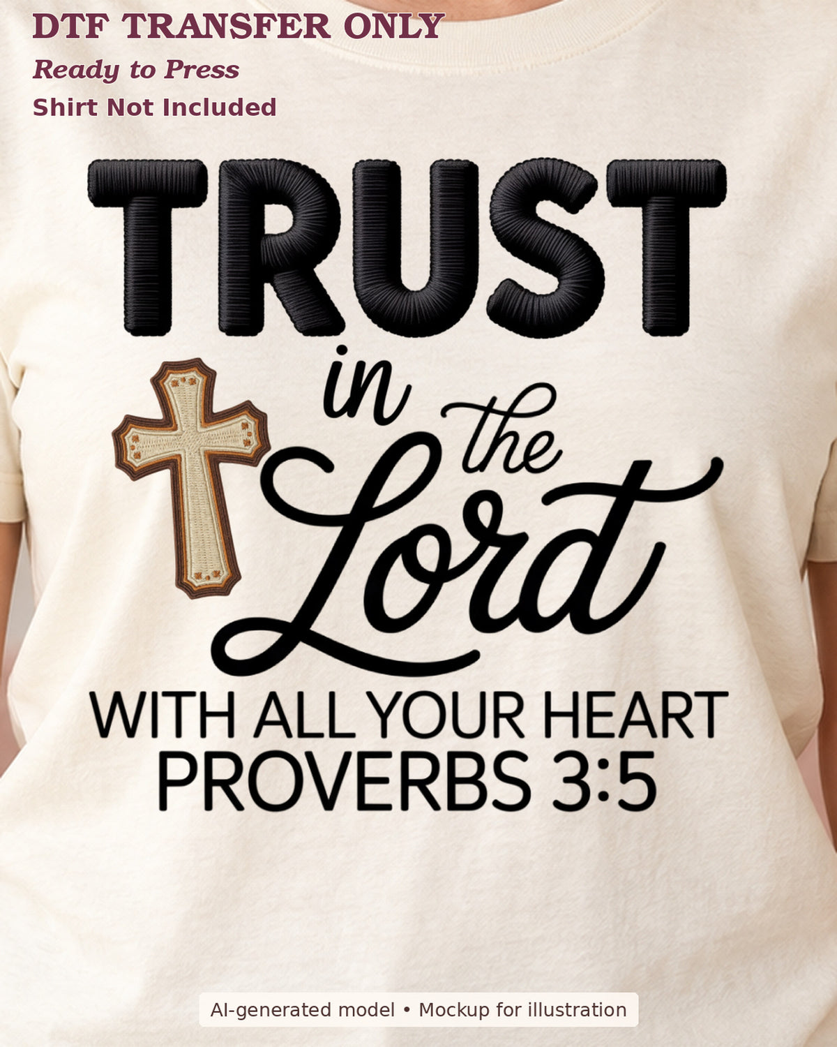 Close-up cream shirt mockup of trust in the lord with cross and proverbs 3:5; shirt not included.