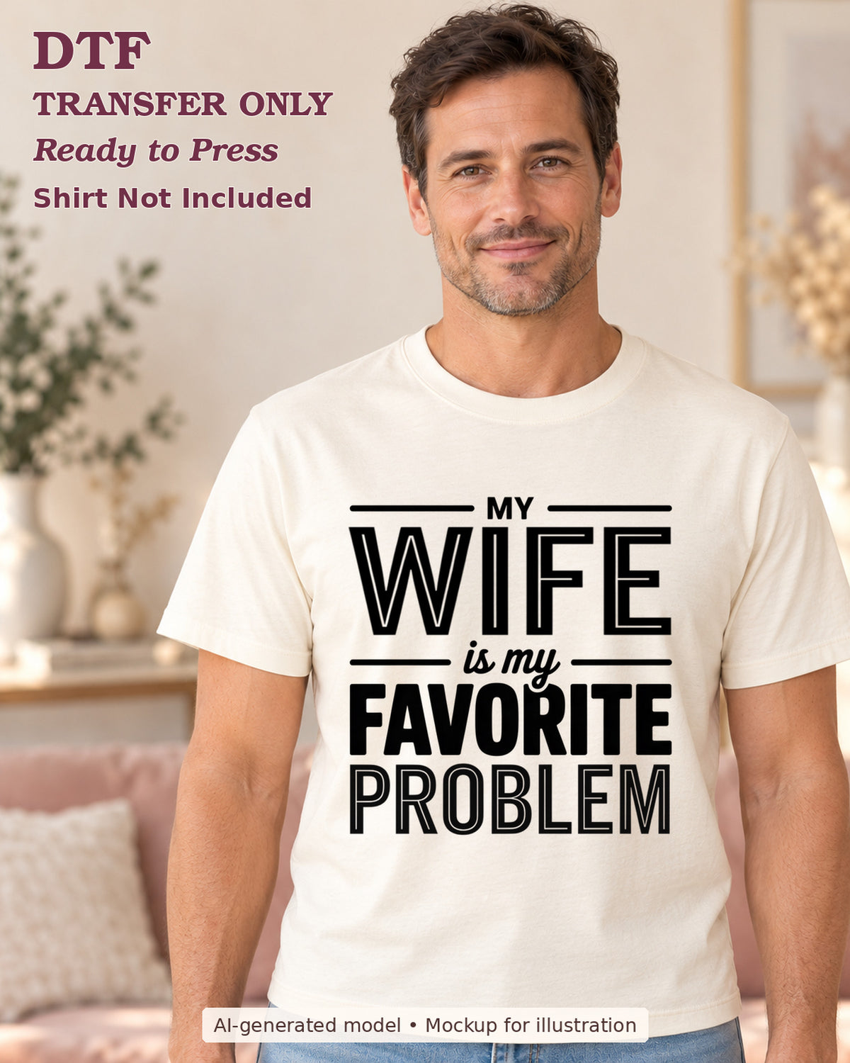 AI-model mockup wearing a cream shirt with my wife is my favorite problem statement in black; DTF transfer only.