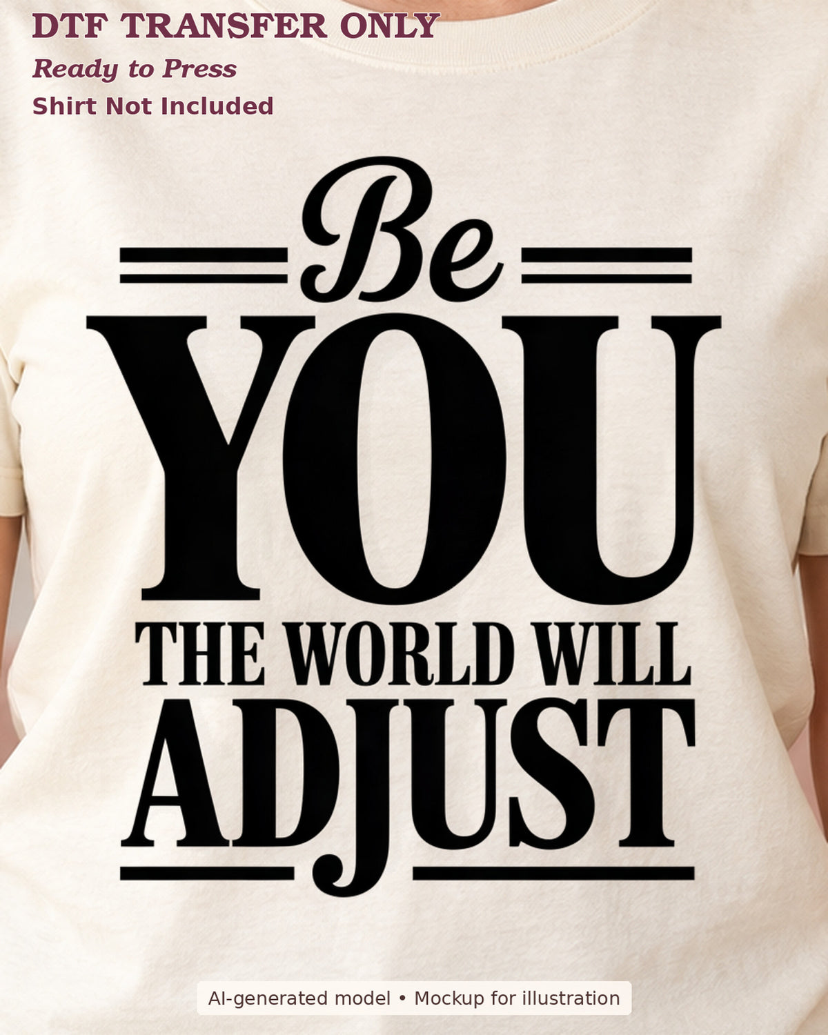 Close-up cream shirt mockup of be you the world will adjust statement; shirt not included.