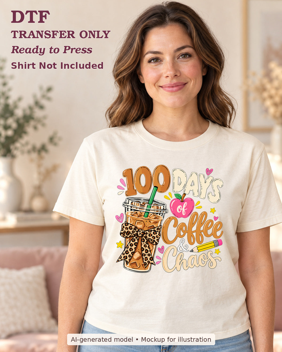 AI-model mockup wearing a cream shirt with 100 days of coffee and chaos with iced coffee leopard bow and pencil; DTF transfer only.