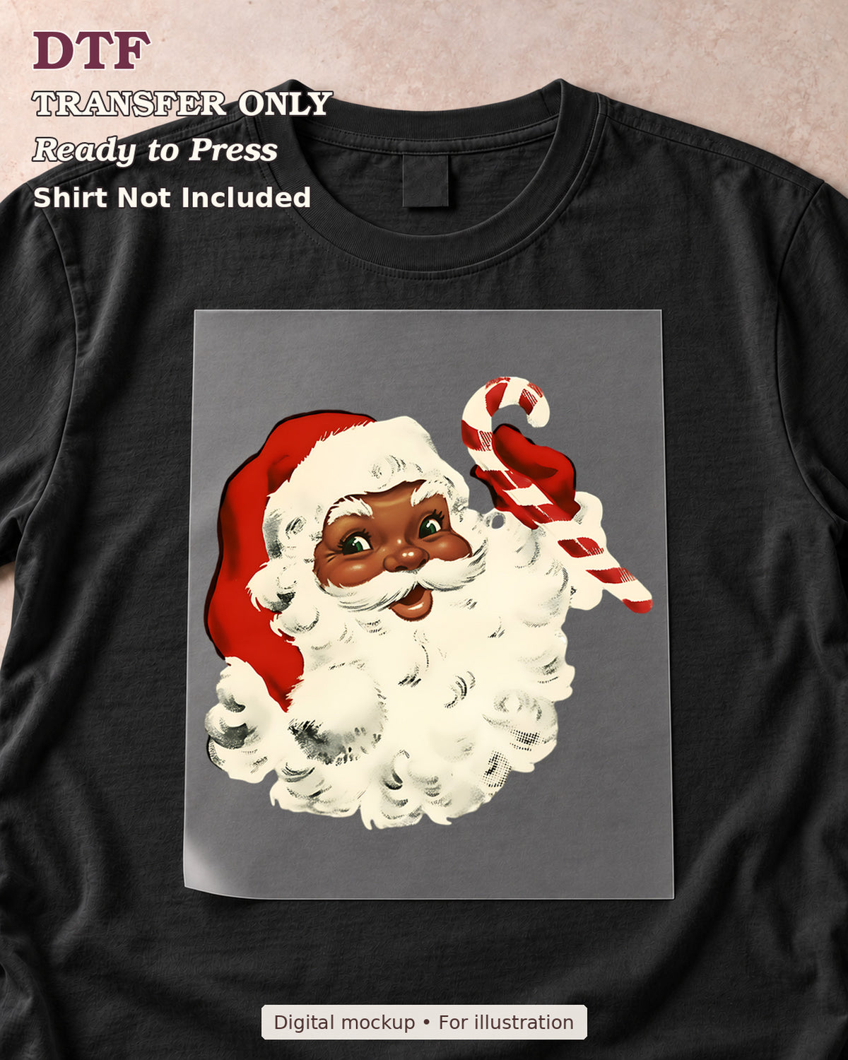 Black Santa face in red hat with candy cane, shown as a transfer sheet on a black shirt; shirt not included.