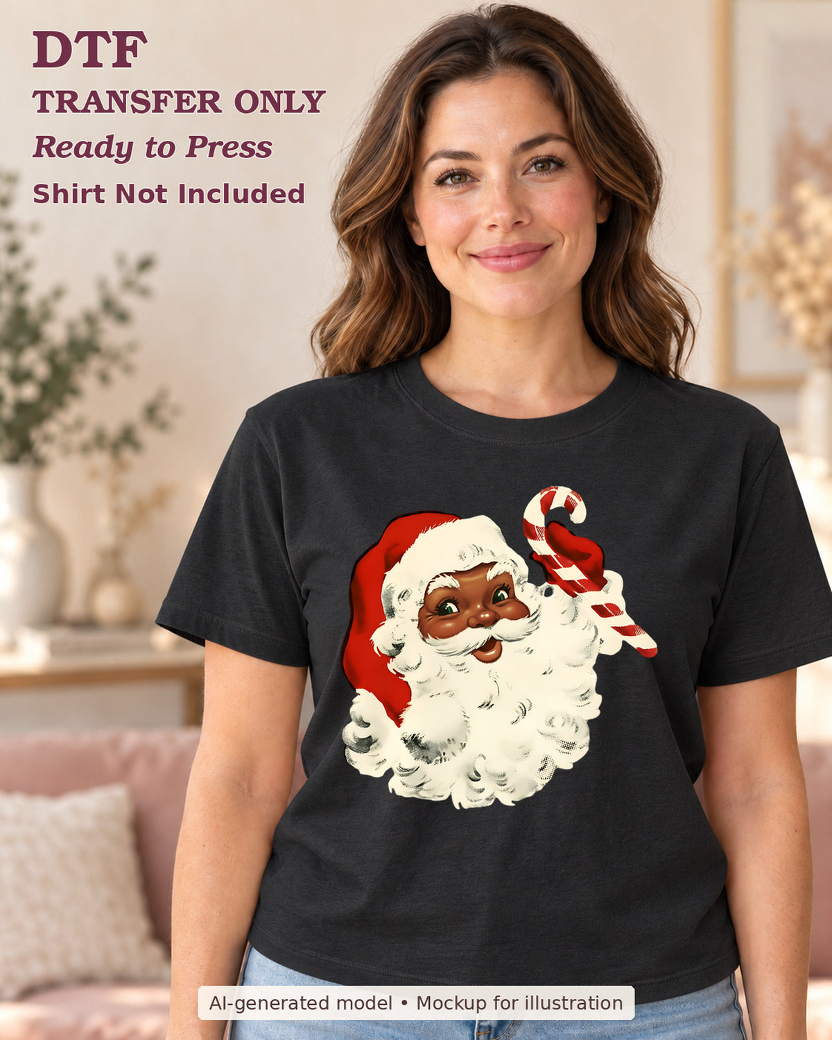 AI-model mockup wearing a black shirt with black santa face in red hat with candy cane; DTF transfer only.