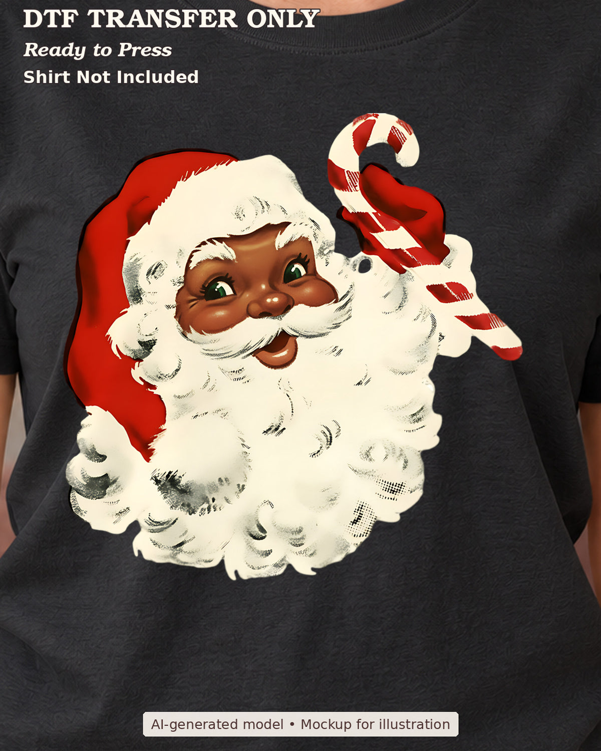 Close-up black shirt mockup of black santa face in red hat with candy cane; shirt not included.