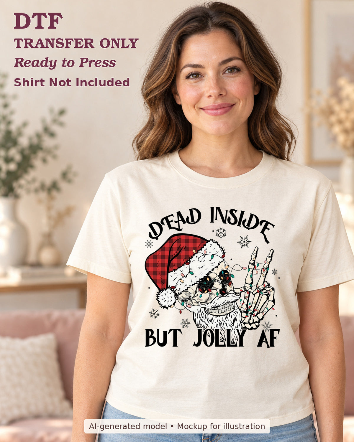 AI-model mockup wearing a cream shirt with dead inside but jolly af skull with plaid santa hat and skeleton peace sign; DTF transfer only.