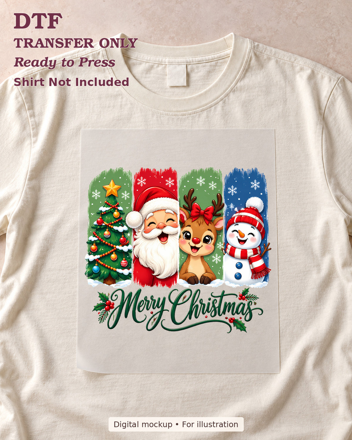 Merry Christmas with tree Santa reindeer and snowman panels, shown as a transfer sheet on a cream shirt; shirt not included.
