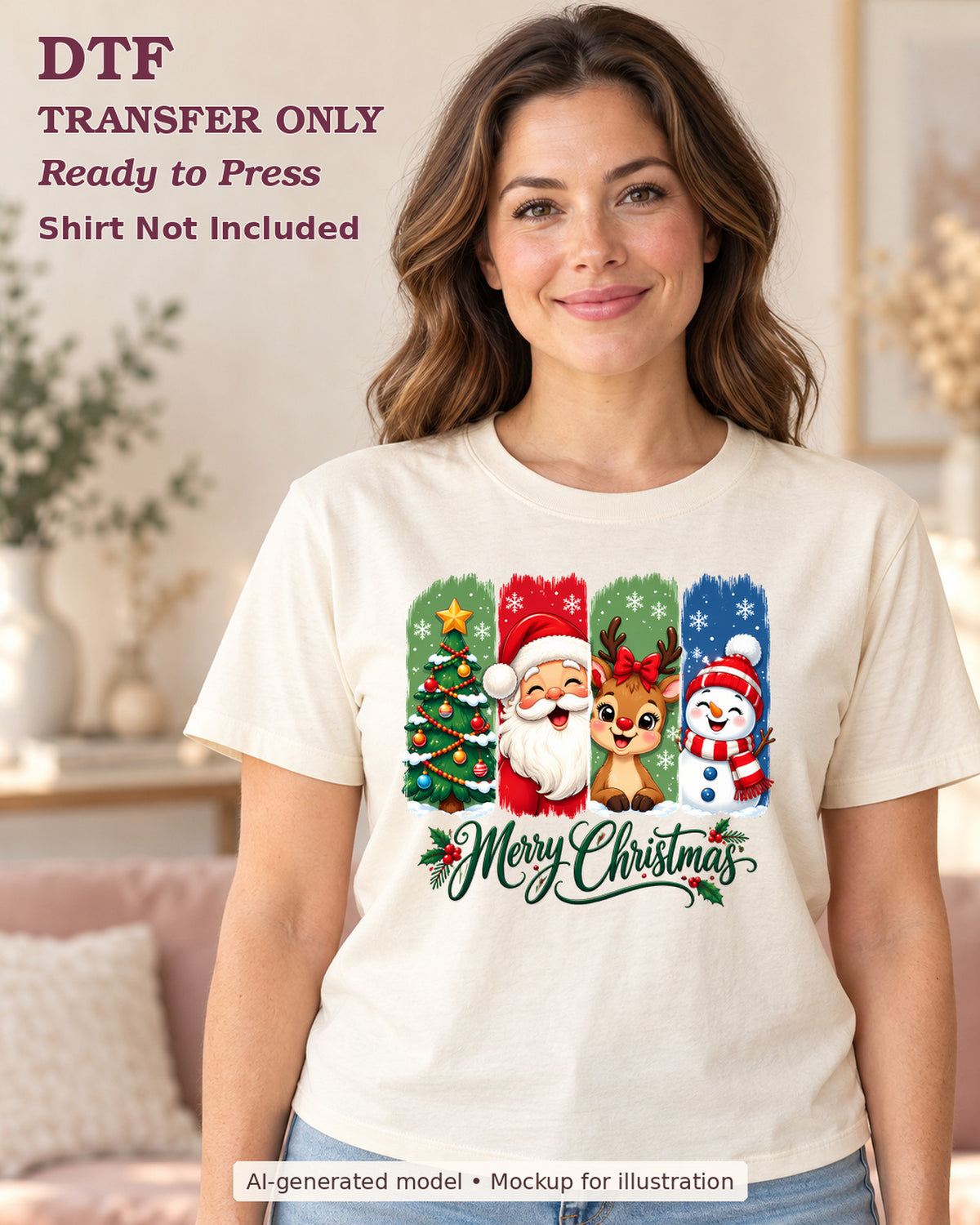 AI-model mockup wearing a cream shirt with merry christmas with tree santa reindeer and snowman panels; DTF transfer only.