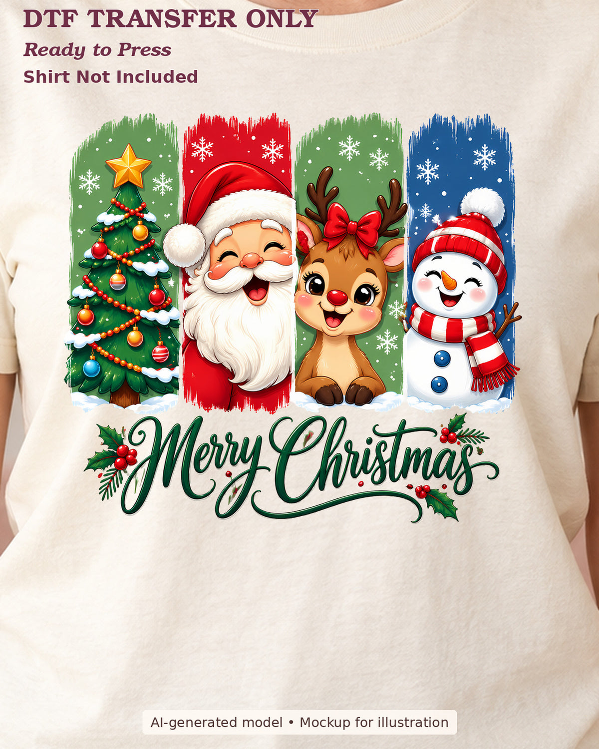 Close-up cream shirt mockup of merry christmas with tree santa reindeer and snowman panels; shirt not included.