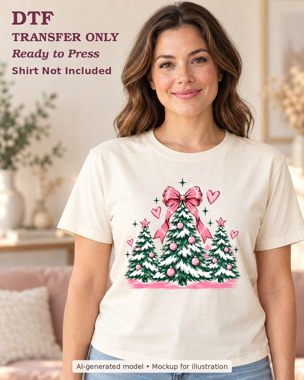 AI-model mockup wearing a cream shirt with snowy christmas trees with pink ornaments hearts and large bow; DTF transfer only.