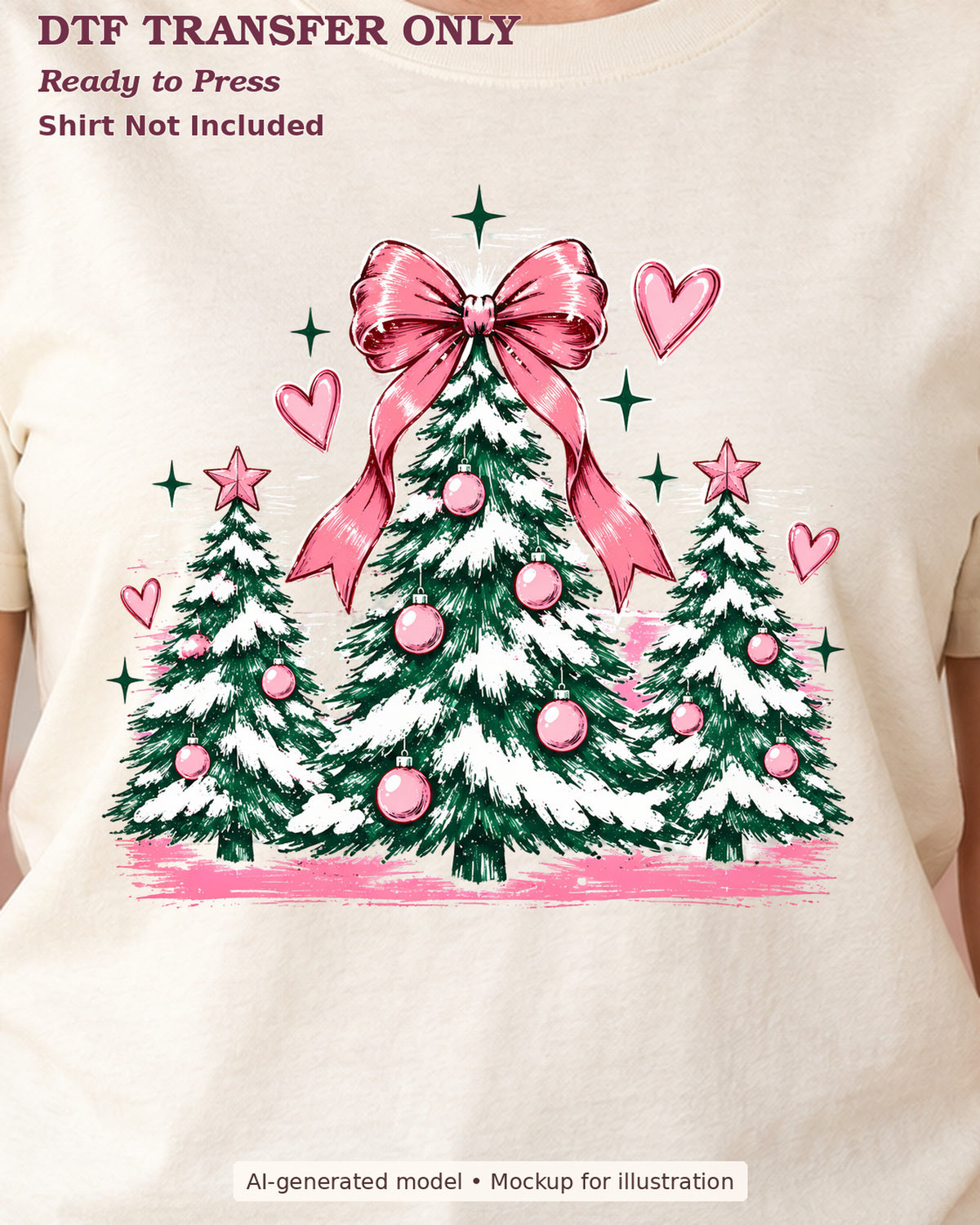 Close-up cream shirt mockup of snowy christmas trees with pink ornaments hearts and large bow; shirt not included.