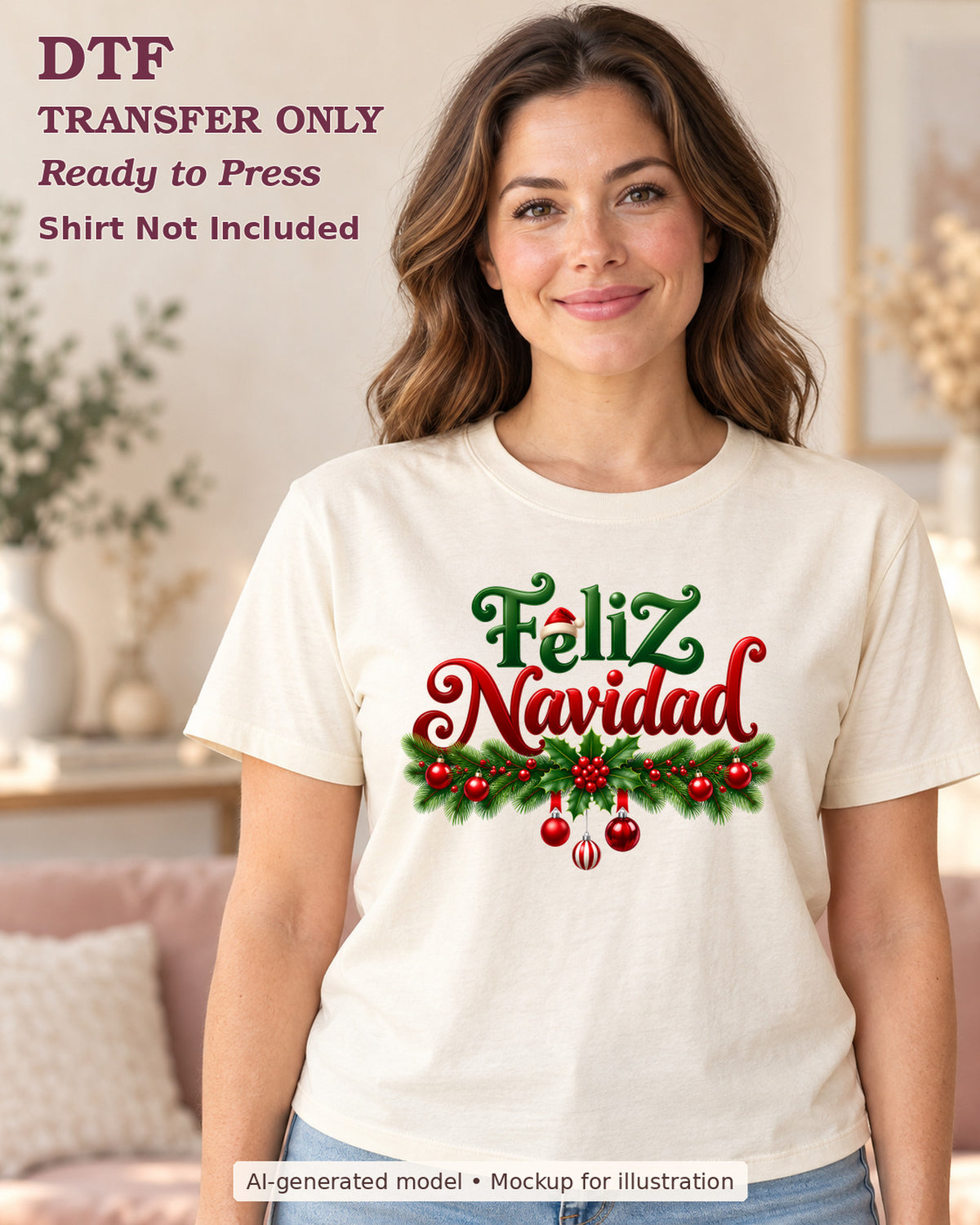 AI-model mockup wearing a cream shirt with feliz navidad lettering above holly garland and ornaments; DTF transfer only.